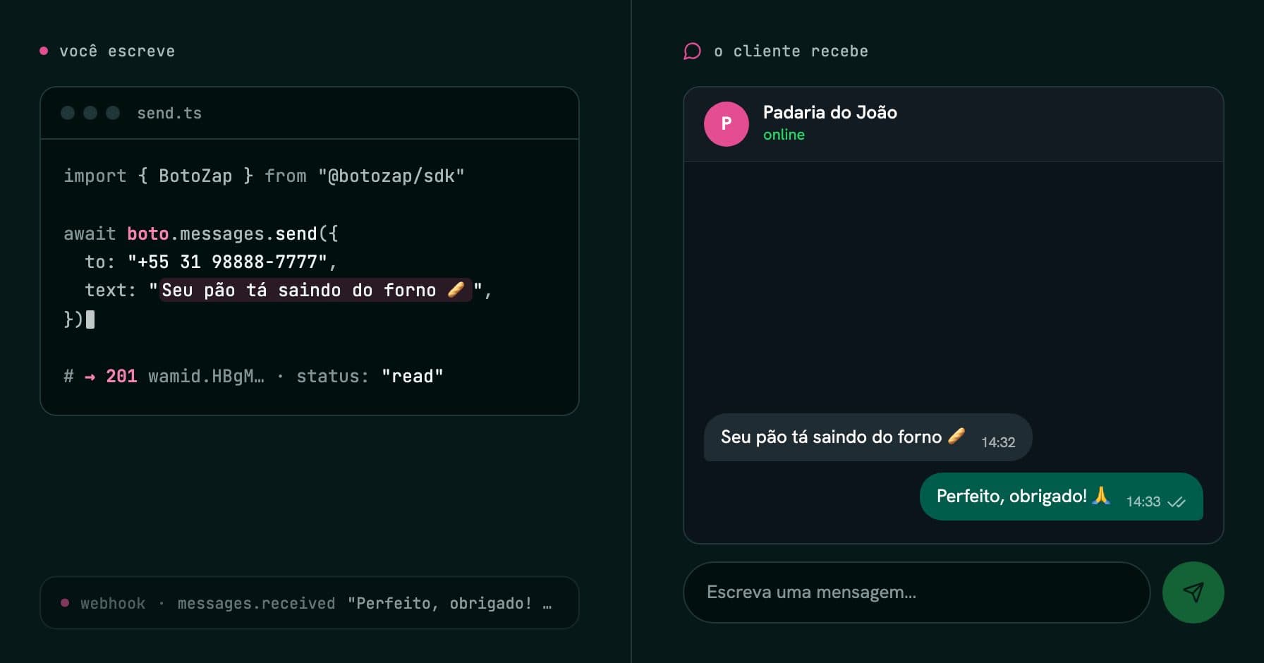Demo do BotoZap: código chamando boto.messages.send() ao lado do WhatsApp do cliente recebendo a mensagem e respondendo.