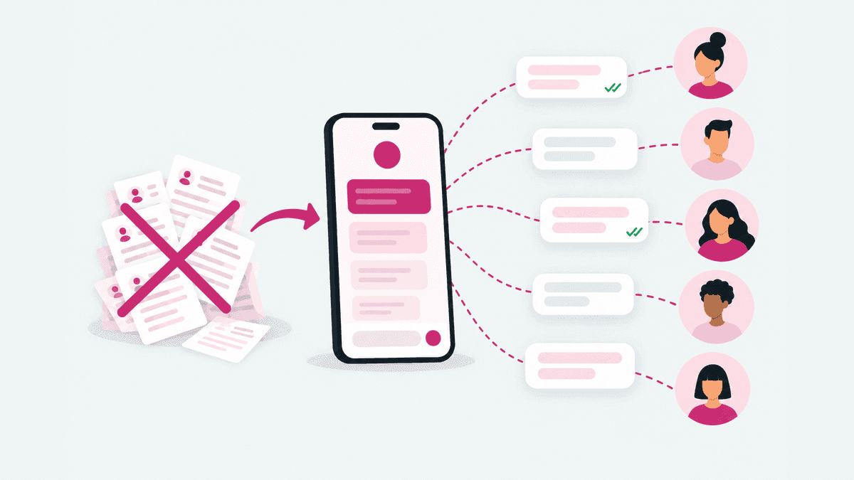 Celular enviando mensagens para clientes que aceitaram receber, com uma lista comprada descartada ao lado