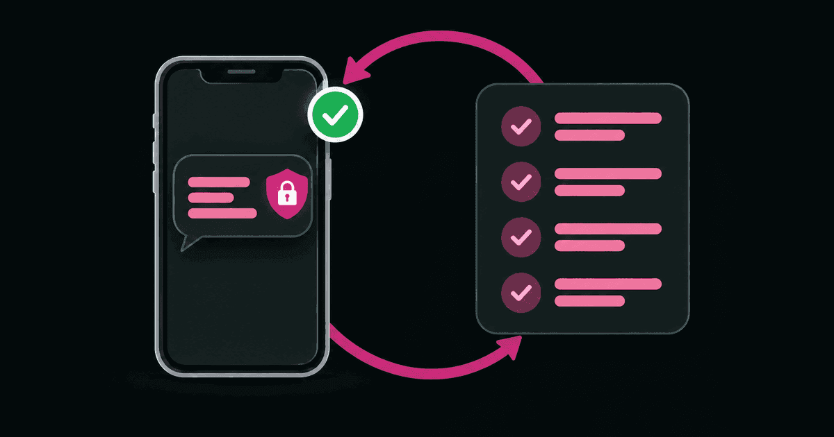 Celular com mensagem bloqueada ao lado de uma lista de correções, ligados por uma seta de revisão com um check verde