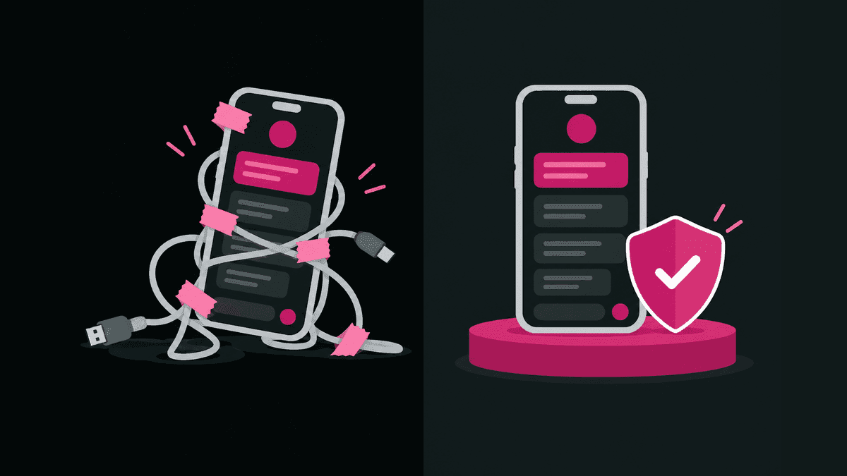 Celular ligado por cabos improvisados comparado a um celular em base sólida e protegida