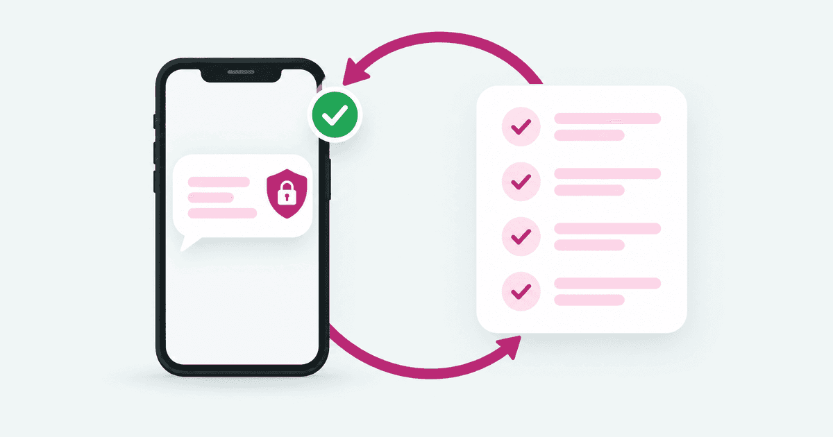 Celular com mensagem bloqueada ao lado de uma lista de correções, ligados por uma seta de revisão com um check verde