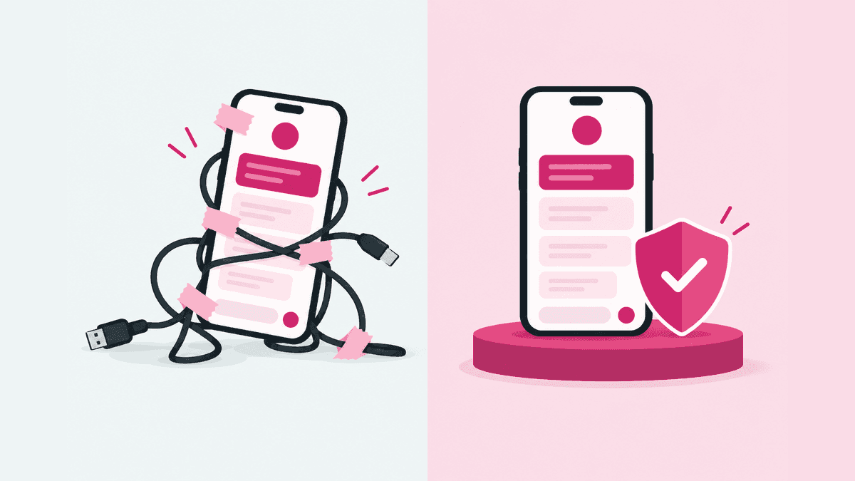 Celular ligado por cabos improvisados comparado a um celular em base sólida e protegida