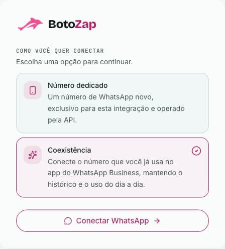 Página de conexão do BotoZap com Coexistência selecionada e o botão Conectar WhatsApp disponível.