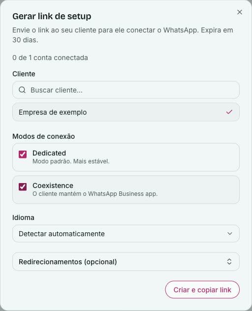 Formulário Gerar link de setup do BotoZap com Empresa de exemplo selecionada e os modos Dedicated e Coexistence habilitados.